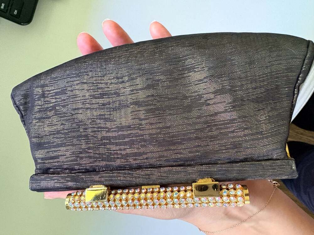 Vintage Rodo Italy Black Metallic Clutch with Jeweled Crystal Clasp and Chain - Picture 8 of 12
